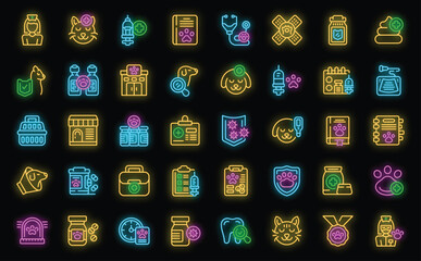 Pets vaccination icons set outline vector. Dog pet. Animal cat neon color on black