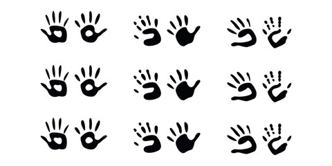 Flat vector painting tools in childish style. Hand drawn hand print, palm silhouette