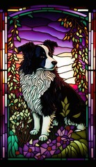 Artistic Beautiful Desginer Handcrafted Stained Glass Artwork of a Border Collie dog Animal in Art Nouveau Style with Vibrant and Bright Colors, Illuminated from Behind (generative AI)