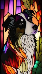 Artistic Beautiful Desginer Handcrafted Stained Glass Artwork of a Border Collie dog Animal in Art Nouveau Style with Vibrant and Bright Colors, Illuminated from Behind (generative AI)