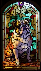 Artistic Beautiful Desginer Handcrafted Stained Glass Artwork of a Bulldog dog Animal in Art Nouveau Style with Vibrant and Bright Colors, Illuminated from Behind (generative AI)