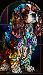 Artistic Beautiful Desginer Handcrafted Stained Glass Artwork of a Cavalier King Charles Spaniel dog Animal in Art Nouveau Style with Vibrant and Bright Colors, Illuminated from Behind (generative AI)