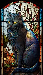 Artistic Beautiful Desginer Handcrafted Stained Glass Artwork of a Chartreux cat Animal in Art Nouveau Style with Vibrant and Bright Colors, Illuminated from Behind (generative AI)