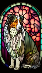 Artistic Beautiful Desginer Handcrafted Stained Glass Artwork of a Collie dog Animal in Art Nouveau Style with Vibrant and Bright Colors, Illuminated from Behind (generative AI)
