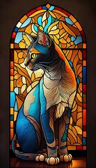 Artistic Beautiful Desginer Handcrafted Stained Glass Artwork of a Colorpoint Shorthair cat Animal in Art Nouveau Style with Vibrant and Bright Colors, Illuminated from Behind (generative AI)