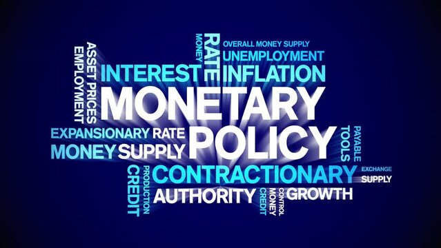 Monetary Policy animated tag word cloud;text design animation kinetic typography seamless loop.