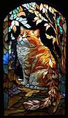 Artistic Beautiful Desginer Handcrafted Stained Glass Artwork of a Highland Fold cat Animal in Art Nouveau Style with Vibrant and Bright Colors, Illuminated from Behind (generative AI)