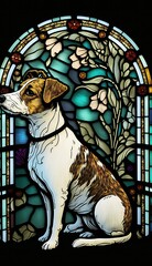 Artistic Beautiful Desginer Handcrafted Stained Glass Artwork of a Jack Russell Terrier dog Animal in Art Nouveau Style with Vibrant and Bright Colors, Illuminated from Behind (generative AI)