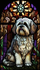 Artistic Beautiful Desginer Handcrafted Stained Glass Artwork of a Lhasa Apso dog Animal in Art Nouveau Style with Vibrant and Bright Colors, Illuminated from Behind (generative AI)