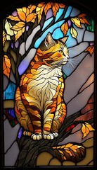 Artistic Beautiful Desginer Handcrafted Stained Glass Artwork of a Manx cat Animal in Art Nouveau Style with Vibrant and Bright Colors, Illuminated from Behind (generative AI)
