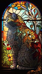 Artistic Beautiful Desginer Handcrafted Stained Glass Artwork of a Manx cat Animal in Art Nouveau Style with Vibrant and Bright Colors, Illuminated from Behind (generative AI)