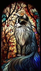 Artistic Beautiful Desginer Handcrafted Stained Glass Artwork of a Ragdoll cat Animal in Art Nouveau Style with Vibrant and Bright Colors, Illuminated from Behind (generative AI)