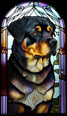 Artistic Beautiful Desginer Handcrafted Stained Glass Artwork of a Rottweiler dog Animal in Art Nouveau Style with Vibrant and Bright Colors, Illuminated from Behind (generative AI)