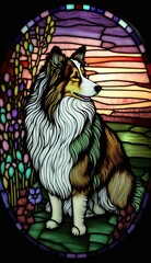 Artistic Beautiful Desginer Handcrafted Stained Glass Artwork of a Shetland Sheepdog dog Animal in Art Nouveau Style with Vibrant and Bright Colors, Illuminated from Behind (generative AI)