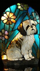 Artistic Beautiful Desginer Handcrafted Stained Glass Artwork of a Shih Tzu dog Animal in Art Nouveau Style with Vibrant and Bright Colors, Illuminated from Behind (generative AI)