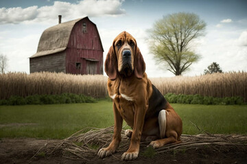 bloodhound on a farm - obrazy, fototapety, plakaty