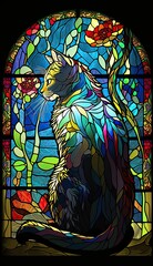 Artistic Beautiful Desginer Handcrafted Stained Glass Artwork of a Singapura cat Animal in Art Nouveau Style with Vibrant and Bright Colors, Illuminated from Behind (generative AI)