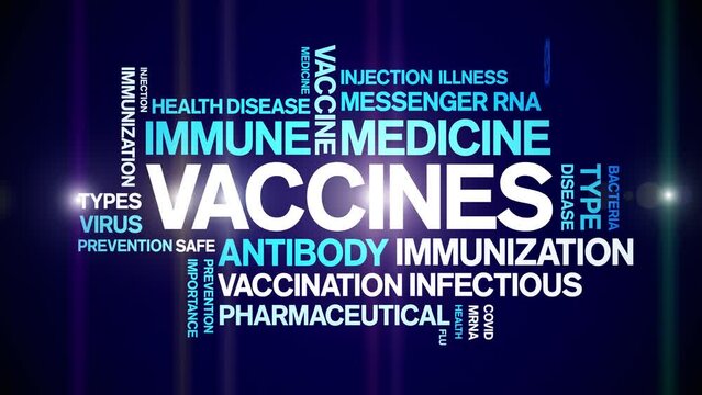 Vaccines animated tag word cloud;text design animation kinetic typography seamless loop.