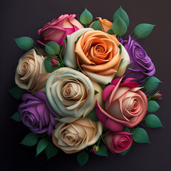 Beautiful bouquet of roses 3D. Close Up beautiful bouquet of many 3D color roses. 3D realistic illustration. Based on Generative AI