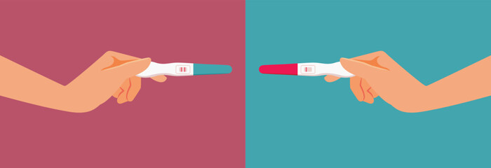 Hands Holding Negative and Positive Pregnancy Tests Vector Medical Illustration. Woman taking two pregnancy tests with different results 
