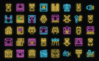 Puppet theater icons set outline vector. Doll marionette. Kid theater neon color on black