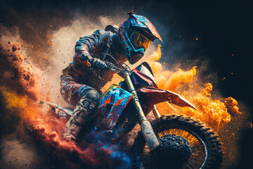 A motocross rider riding a motocross bike burning on fire of different colors. Generative AI