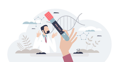 DNA test and gene helix code sample result research tiny person concept, transparent background. Scientific laboratory measurement for fatherhood control or health analysis illustration.
