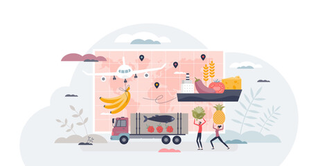 Food miles as distance from grocery making to consumer tiny person concept, transparent background. Worldwide fruits, meat and vegetables shipping service with plane, ship.