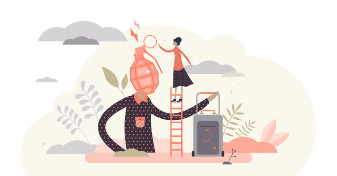 Fed up family couple relationships, flat tiny person illustration, transparent background. Married couple breakup. Annoyed husband with exploding head symbol and wife making things worse.