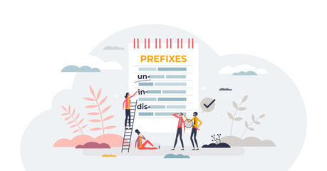 Prefixes learning as english language theory topic tiny person concept, transparent background. Topic for communication basic in school with affix explanation and examples illustration. - obrazy, fototapety, plakaty