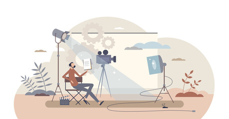 Producer and film director for cinematography project tiny person concept, transparent background. Artistic occupation with TV show and movies shooting for motion picture scenes illustration. - obrazy, fototapety, plakaty