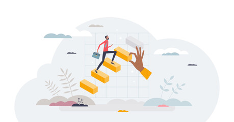Promotion steps climbing as successful career growth tiny person concept, transparent background. Employee evolution and position improvement with financial growth illustration.