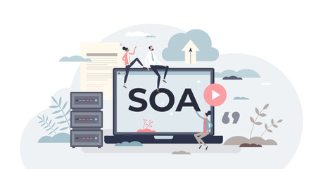 SOA or system oriented architecture for software apps tiny person concept, transparent background. Information technology programming style illustration.
