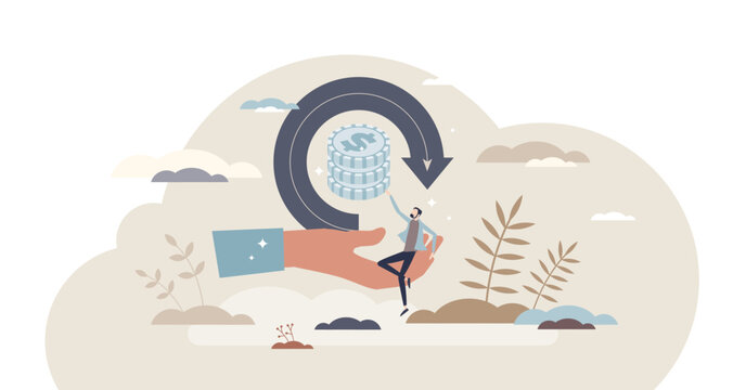 Refunds as cashback or receive money back after spending tiny person concept, transparent background. Financial fee return and economical interest collection illustration.