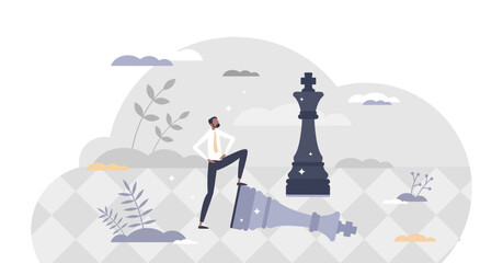 Defeat competitors in business as winning chess game tiny person concept, transparent background. Company strategy success using powerful move for advantage illustration.