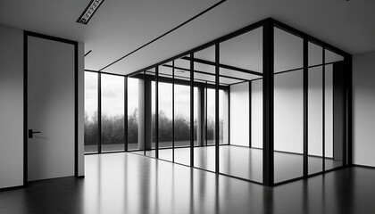Illustration of empty office room with glass wall. Visualization of a large empty interior 3D illustration. 3D realistic illustration. Based on Generative AI