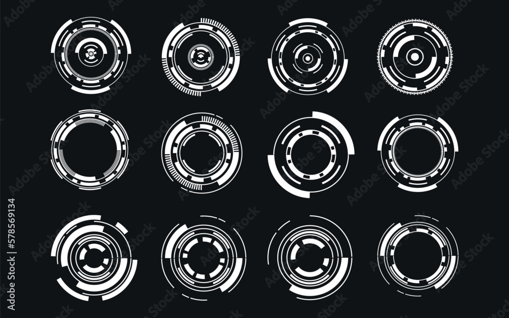 Aufkleber Set of User Interface HUD futuristic style.Abstract circles, geometric shapes, advanced technology segmentation, digital technology on a dark blue background.	