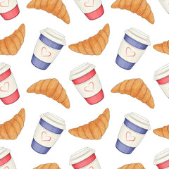 Seamless pattern from paper coffee cups and croissants. Vector illustration.