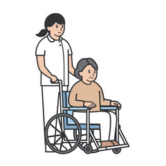 車椅子に乗った年配女性を押す看護師のイラスト1