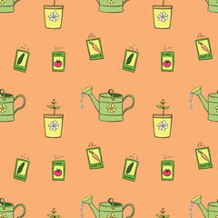 Vector seamless pattern with watering cans, bags with seeds vegetables, pots with plant sprout, seedlings. Bright texture in doodle flat style on topic of gardening, farming, agriculture - obrazy, fototapety, plakaty