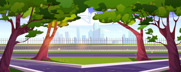 Fototapeta Summer city park landscape background. Cartoon vector skyline scene with road. Ctyscape urban illustration with green trees, asphalt walking paths. Modern architecture perspective view, fence obraz