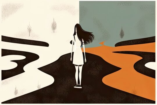 A woman standing in the middle of a crossroads her expression conveying ambivalence between two paths. Art painting.. AI generation.