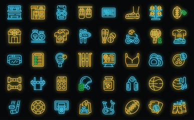 Sporting goods store icons set outline vector. Sport shop. Store goods neon color on black