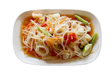 Seafoods papaya salad yummy or somtum is a spicy Thai foods in isolated background.