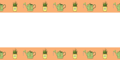 Vector border, frame of with watering cans, flower pots in doodle flat style. Color bright horizontal top and bottom edging, decoration on topic of growing and caring for plants for home, garden