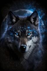 Portrait of a Wolf with Glowing Blue Eyes with a Full Moon in the Background Generative AI