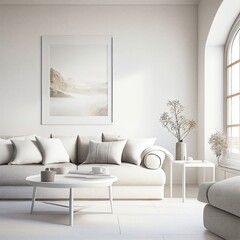 Sunlit living room in white, photorealistic illustration, Generative AI