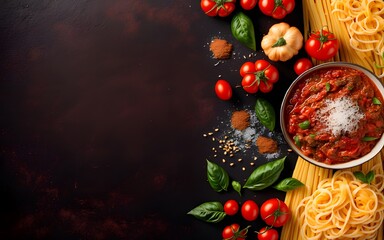 Fototapeta na wymiar Italian food with spaghetti ingredients top view with copy space