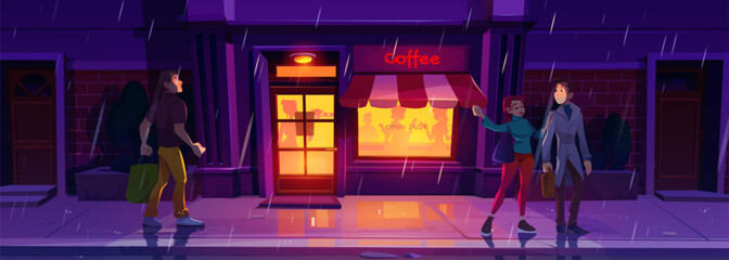 Night street bar in rain and man go to entrance cartoon background. People silhouette discussion tea near table and relax. Cafe exterior in evening illustration. Outside cafeteria storefront design. - obrazy, fototapety, plakaty