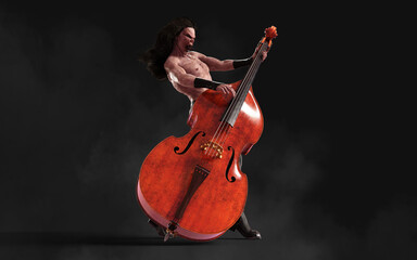 3d Illustration Devil pose and plays a double bass surrounded on dark background with clipping path. Death Rock Musician. Symphony rock party and Halloween Project. 